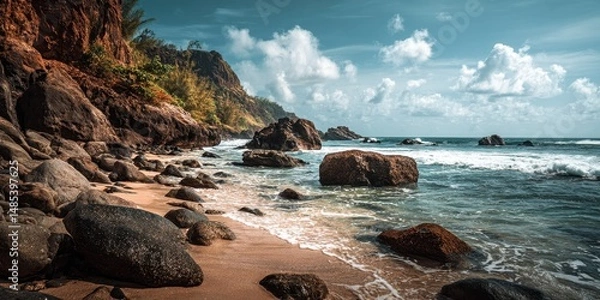 Fototapeta Rocky beach scene under a dramatic sky.