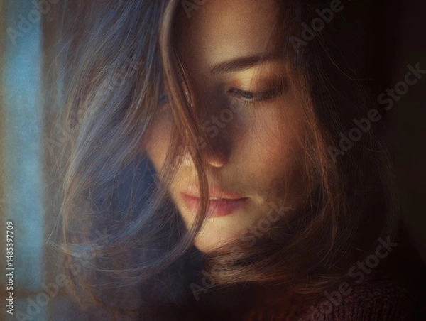 Fototapeta Close-up portrait of a woman with thoughtful expression.