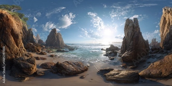 Fototapeta Dramatic coastal scene with towering rocks.