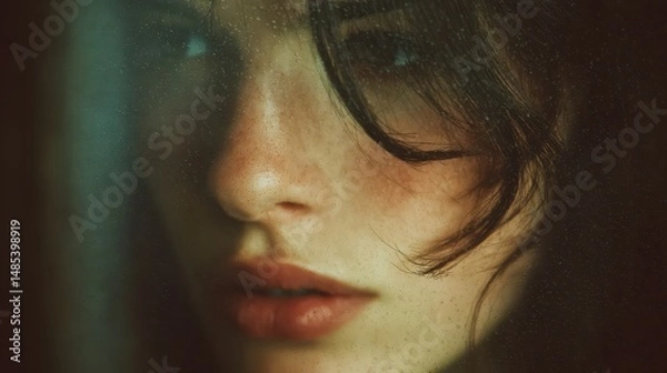 Fototapeta Close-up portrait of a young woman's face, bathed in soft, filtered light.