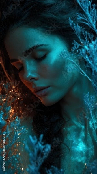 Fototapeta Close-up portrait of a serene woman nestled in luminous plants.