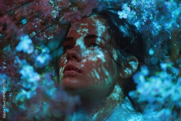 Fototapeta A woman's face submerged in a vibrant floral setting.