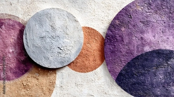 Fototapeta Abstract textured circles in muted purple gray and orange tones overlap on a mottled white background creating a modern artistic design.