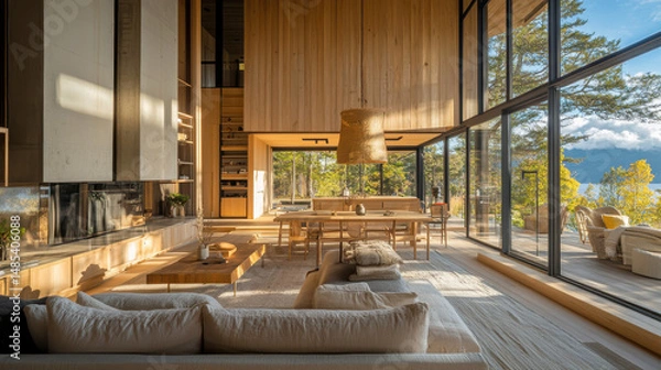 Fototapeta Modern Lake House Interior: Sunlit living room with floor-to-ceiling windows overlooking a lake, featuring a minimalist design with natural wood accents, comfortable seating and a large dining table.