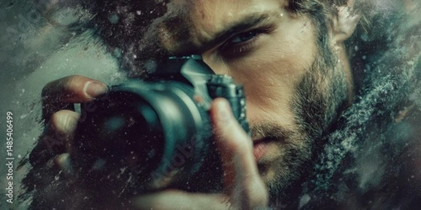 Fototapeta A man holding a camera in a winter scene.