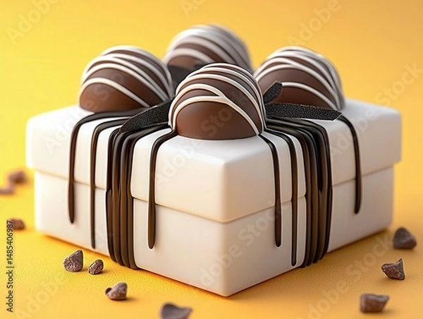 Obraz White Gift Box with Four Drizzled Chocolate Truffles on Yellow Background