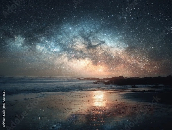 Fototapeta Celestial panorama over a tranquil ocean shore.
