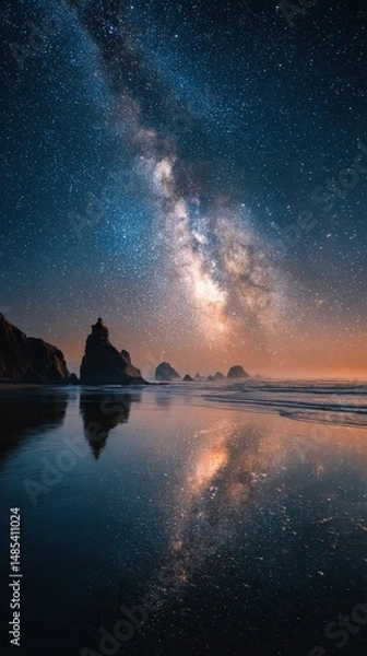 Fototapeta Night sky with milky way reflecting on calm water.