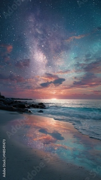 Fototapeta Majestic coastal view at twilight with a celestial display.