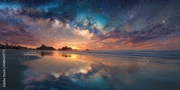 Fototapeta Stunning celestial display reflected on a tranquil beach.
