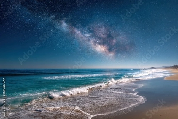 Fototapeta A celestial beach scene under a night sky filled with stars.