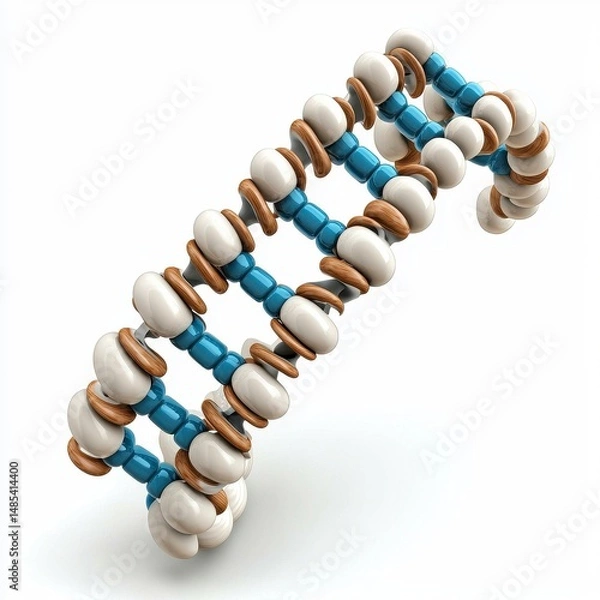 Fototapeta 3D Render of DNA Double Helix with Off White, Light Blue, and Brown Beads