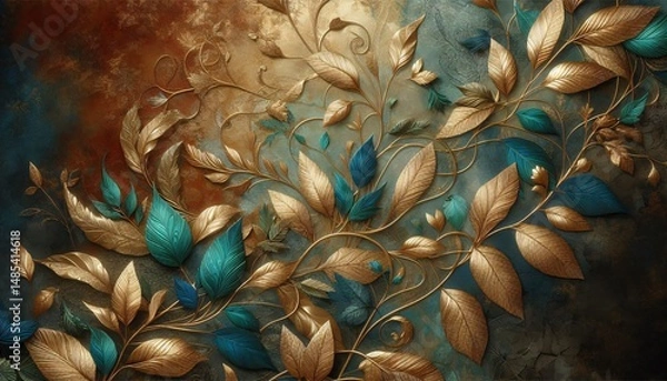 Obraz Elegant Floral Tapestry: An intricate illustration of a floral arrangement with gold leaves and turquoise leaves. Delicate details and graceful composition