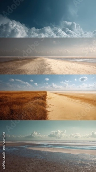 Fototapeta Four layered horizontal landscape scenes of beach and dunes.