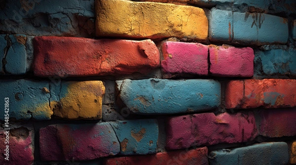 Fototapeta Grungy Multicolored Brick Wall with Bold Spray-Painted Texture and Urban Decay