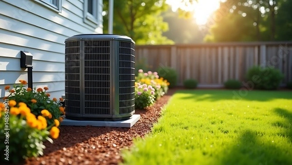 Fototapeta A modern air conditioning unit installed beside a house in a beautiful backyard setting