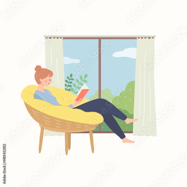 Fototapeta Young girl reading a book on a sofa vector illustration