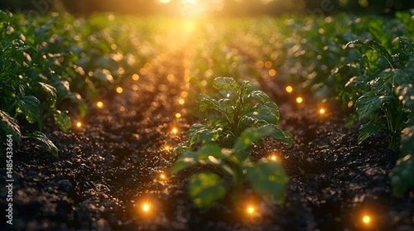 Fototapeta Sunset potato field, glowing lights