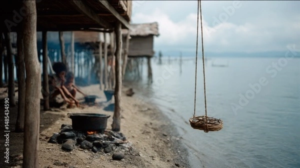 Fototapeta A joyous gathering around a red-clothed table, adorned with Chinese decorations, celebrating with abundant food and warm camaraderie.