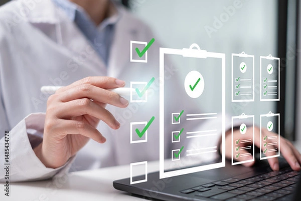 Fototapeta Professional health care doctor physician checklist hospital medical insurance stethoscope document patient care data clinic exam report answer check diagnosis research solution medical record concept