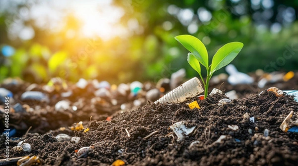 Fototapeta Small plant growing from plastic waste in fertile soil, concept of ecology, pollution and hope for environment