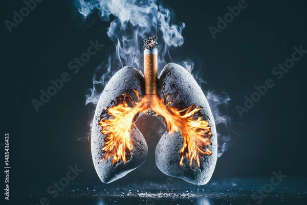 Fototapeta Lungs burning from inside with cigarette smoke and ashes, concept of world no tobacco day