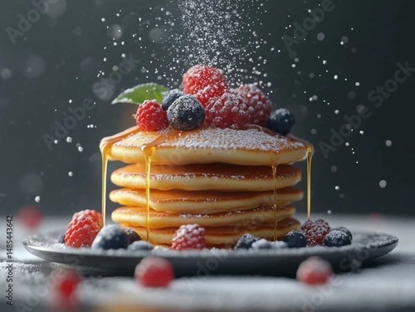 Obraz Stack of fluffy pancakes with syrup dripping down, topped with fresh berries and powdered sugar