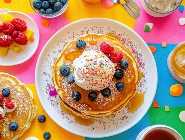 Obraz Decorated Pancake Day table with pancakes, syrup, whipped cream, and colorful toppings