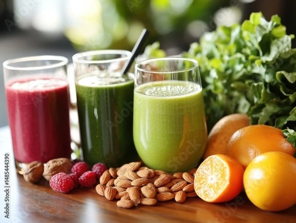 Obraz Healthy snacks and beverages on a table, including smoothies, nuts, and fruits, showcasing nutritious options