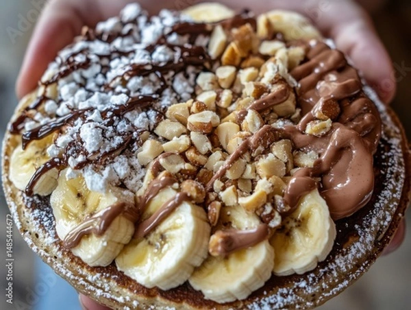 Obraz Pancakes with chocolate paste, bananas and nuts, showing creative approaches to a traditional dish