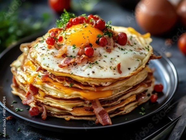 Obraz Stack of savory pancakes with bacon, eggs, and cheese, served for Pancake Day