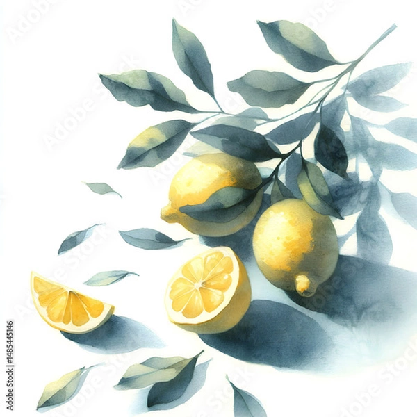Fototapeta Top View Watercolor Illustration of Bright Yellow Lemons with Leaves and Sliced Citrus – Minimalist Modern Kitchen Print on White Background