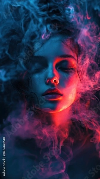 Obraz Ethereal beauty: portrait of a woman immersed in vibrant, colorful smoke