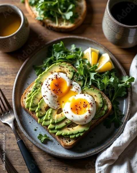 Fototapeta Ultra-realistic overhead shot of a vibrant avocado toast on sourdough bread, topped with perfectly sliced avocado roses, poached eggs with runny yolks, chili flakes, microgreens