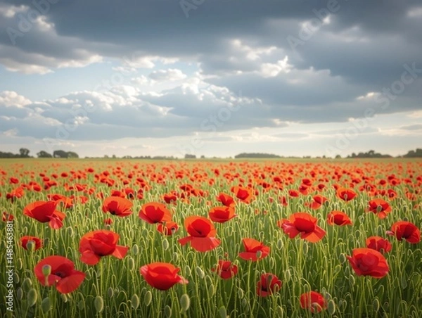 Fototapeta Vibrant field of red poppies symbolizes remembrance and hope under a cloudy sky