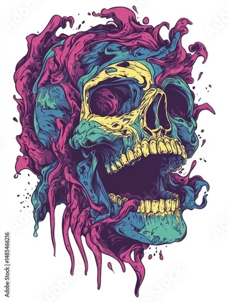 Obraz Vibrant skull design surrounded by abstract fluid patterns.