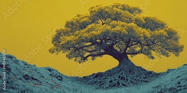 Fototapeta Vibrant Yellow Background with Expansive Tree and Intricate Roots Symbolizing Strength and Connection
