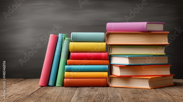 Fototapeta Colorful Stack Of New Books On Wooden Surface