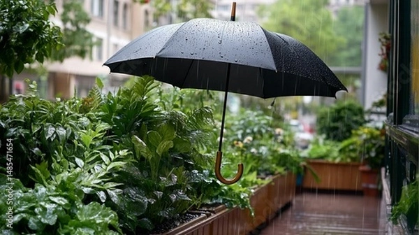 Fototapeta A black umbrella in the rain over lush green plants and flowers in raised garden beds on a patio