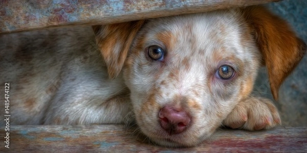 Fototapeta Close-up of a spotted puppy hiding.