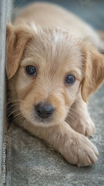 Fototapeta Adorable golden puppy resting on a light gray surface.