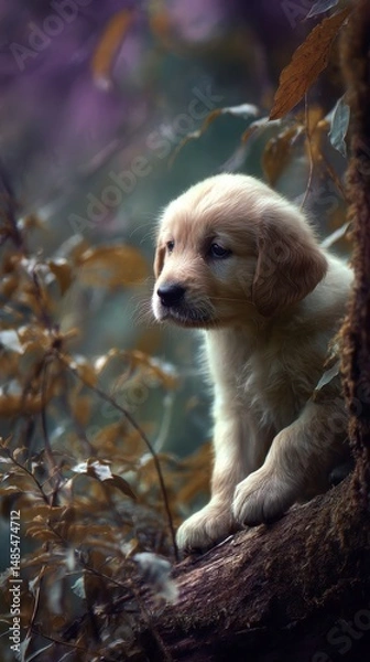 Fototapeta Golden retriever puppy perched on a woodland branch.