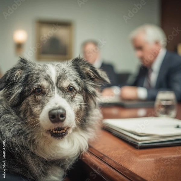 Fototapeta Gray and white dog seated at a formal meeting table.