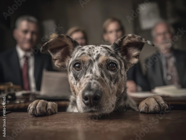 Fototapeta A  dog looking intently at the viewer over a wooden table.