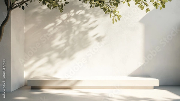 Fototapeta A multi-purpose visual content highlight tranquil indoor haven: sunlight dapples through shady tree onto cool concrete space, accentuating greenery and textures

or

calm interior sanctuary: sunlight.