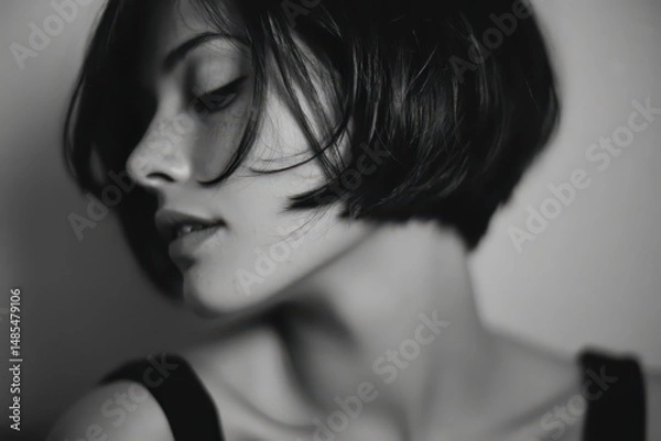Fototapeta Close-up grayscale portrait of a woman with a short bob.