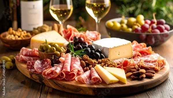 Fototapeta Closeup of Charcuterie Board with Meats Olives and Nuts.closeup, meat, olive, platter, rustic, arrangement, ingredient, nut, snack, epicure, food, fresh, table, display, italian, 