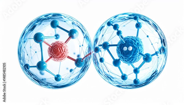 Fototapeta Cell Division: A microscopic view of cell division, depicting two cells, each with a nucleus and connecting molecules, illustrating the process of life and renewal.