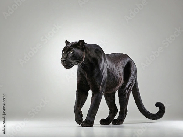 Fototapeta A side-profile full-body image of a panther standing calmly