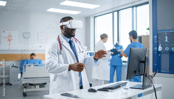 Fototapeta Healthcare Innovation: Doctor uses a VR headset in a modern hospital setting, exploring new medical possibilities with technological integration.